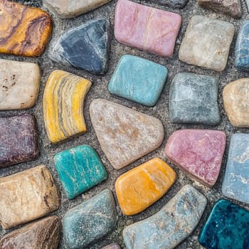 A vibrant collection of colorful stones arranged in a unique pattern, showcasing diverse shapes and textures on a pavement.