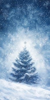 A serene winter scene featuring a snow-covered pine tree surrounded by falling snowflakes against a starry night sky.