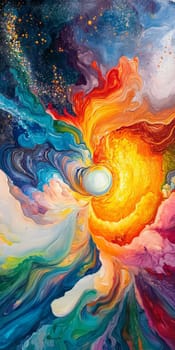 A vibrant abstract painting featuring swirling colors and light, resembling a cosmic explosion. Perfect for artistic and creative projects.