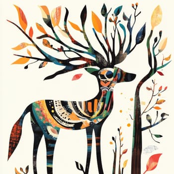 A colorful abstract illustration of a deer with vibrant antlers and autumn leaves, showcasing modern artistic creativity.