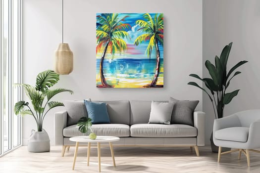 Stylish living room featuring a vibrant tropical beach painting, modern furniture, and lush green plants for a serene ambiance.