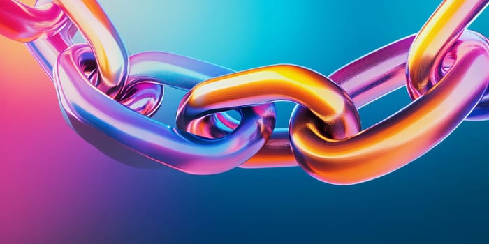 Close-up of colorful metallic chain links with a gradient effect, showcasing modern design and vibrant hues.