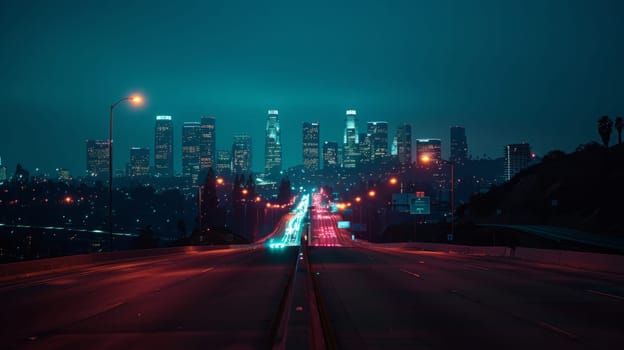 A city street at night with a bright neon sign in the distance. The city is lit up with lights and the atmosphere is lively and bustling
