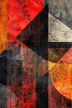 Vibrant abstract artwork featuring geometric shapes in red and orange tones on a textured surface, creating a dynamic visual effect.