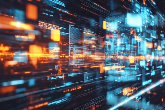 Abstract digital data stream with vibrant orange and blue lights, representing technology and innovation in a virtual space.