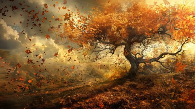 A magical autumn scene featuring a golden tree with swirling leaves against a dramatic sunset sky.