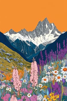A mountain range with a purple flower field in the foreground. The flowers are purple and yellow. The mountains are in the background