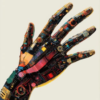 A hand made of various colored wires and buttons is depicted in the image. The hand is composed of a multitude of wires and buttons, each with a different color and shape