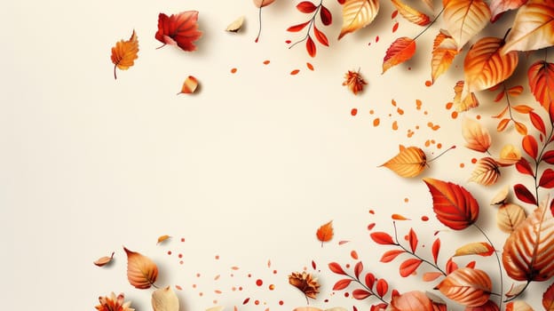 A white background with a lot of orange leaves scattered around it. The leaves are falling from a tree and the background is a white wall