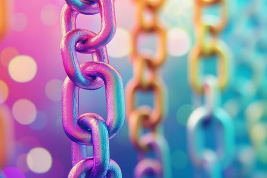Close-up of colorful metallic chains with a vibrant bokeh background, perfect for abstract and modern design concepts.