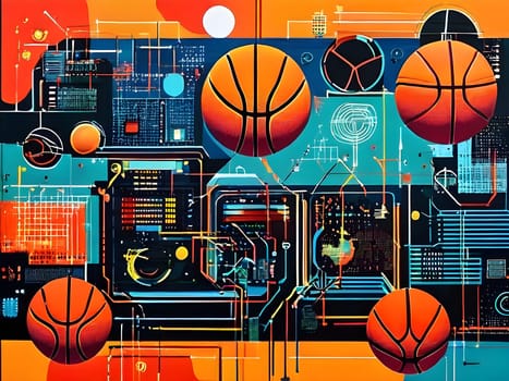 vibrant mix of abstract circuitry intertwined with basketball balls, representing AI role in personalized sports training