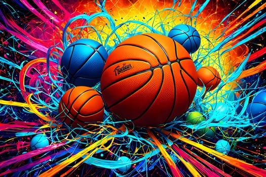 vibrant mix of abstract circuitry intertwined with basketball balls, representing AI role in personalized sports training