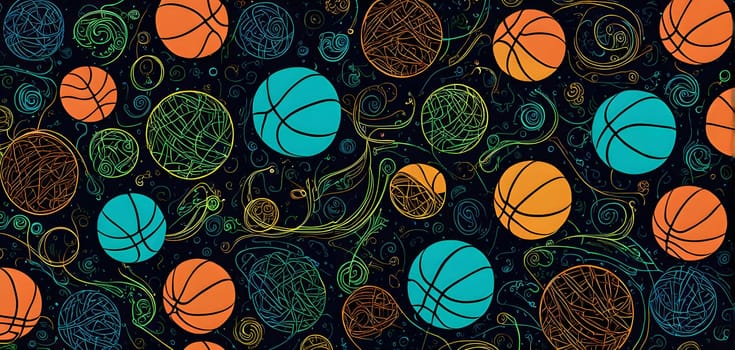 vibrant mix of abstract circuitry intertwined with basketball balls, representing AI role in personalized sports training