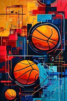 vibrant mix of abstract circuitry intertwined with basketball balls, representing AI role in personalized sports training