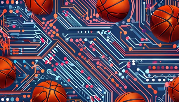 vibrant mix of abstract circuitry intertwined with basketball balls, representing AI role in personalized sports training