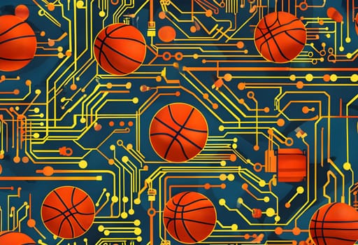 vibrant mix of abstract circuitry intertwined with basketball balls, representing AI role in personalized sports training