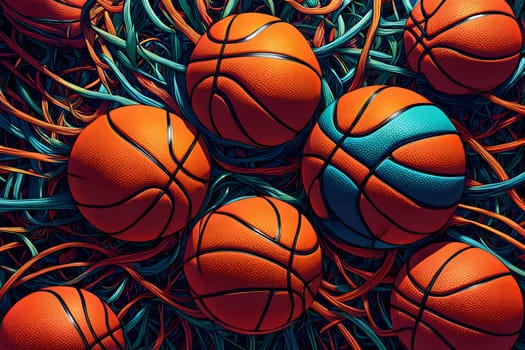 vibrant mix of abstract circuitry intertwined with basketball balls, representing AI role in personalized sports training