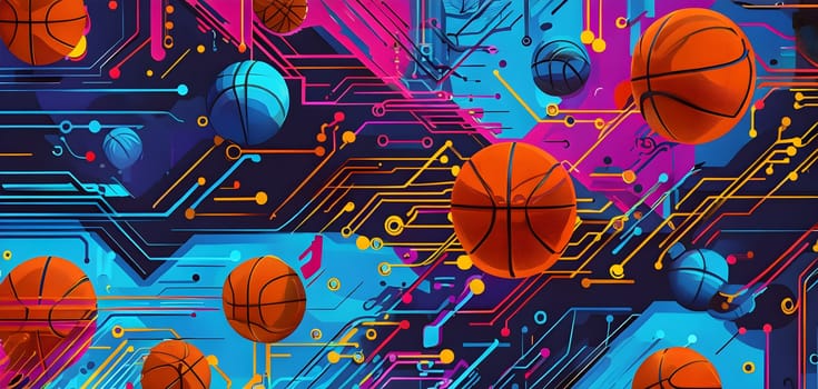 vibrant mix of abstract circuitry intertwined with basketball balls, representing AI role in personalized sports training