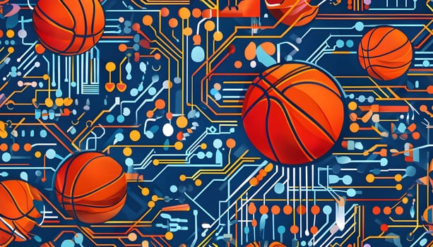 vibrant mix of abstract circuitry intertwined with basketball balls, representing AI role in personalized sports training