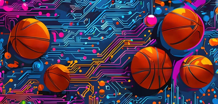 vibrant mix of abstract circuitry intertwined with basketball balls, representing AI role in personalized sports training