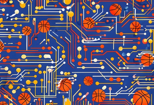 vibrant mix of abstract circuitry intertwined with basketball balls, representing AI role in personalized sports training