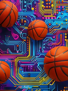 vibrant mix of abstract circuitry intertwined with basketball balls, representing AI role in personalized sports training