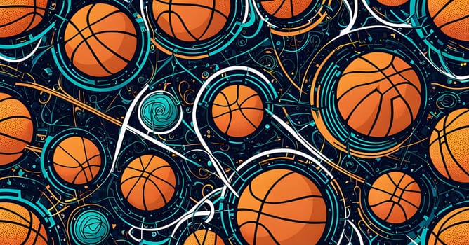 vibrant mix of abstract circuitry intertwined with basketball balls, representing AI role in personalized sports training