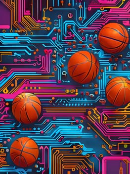 vibrant mix of abstract circuitry intertwined with basketball balls, representing AI role in personalized sports training
