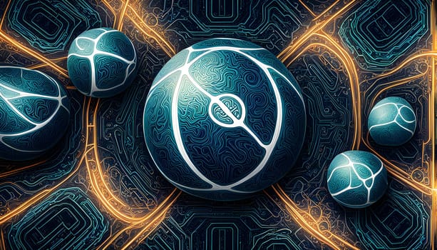 vibrant mix of abstract circuitry intertwined with basketball balls, representing AI role in personalized sports training