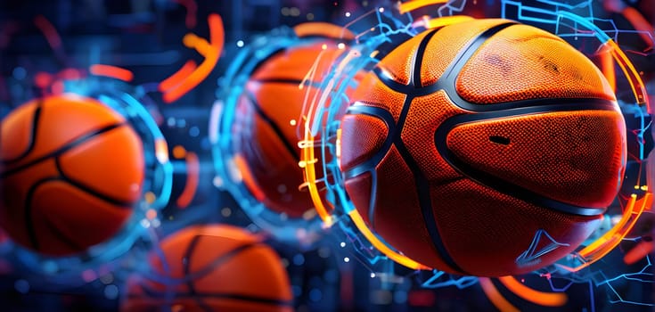vibrant mix of abstract circuitry intertwined with basketball balls, representing AI role in personalized sports training