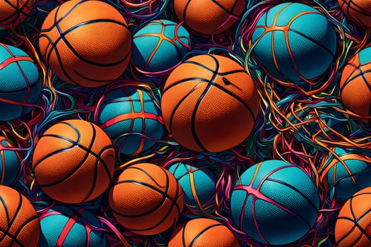 vibrant mix of abstract circuitry intertwined with basketball balls, representing AI role in personalized sports training