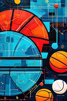 vibrant mix of abstract circuitry intertwined with basketball balls, representing AI role in personalized sports training