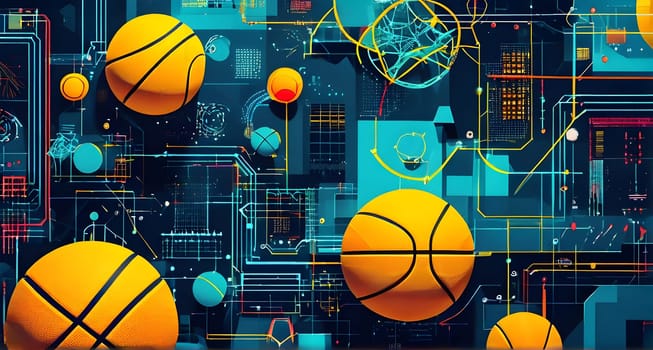 vibrant mix of abstract circuitry intertwined with basketball balls, representing AI role in personalized sports training
