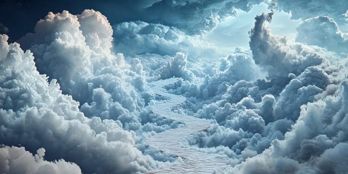 A breathtaking view of a winding path through dense, fluffy clouds against a backdrop of a starry night sky.