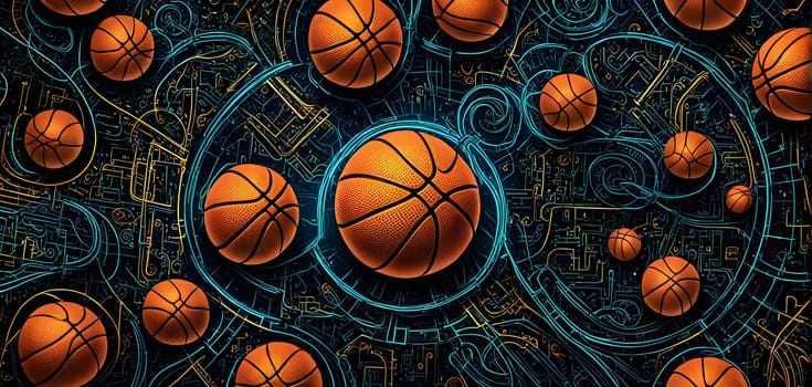vibrant mix of abstract circuitry intertwined with basketball balls, representing AI role in personalized sports training
