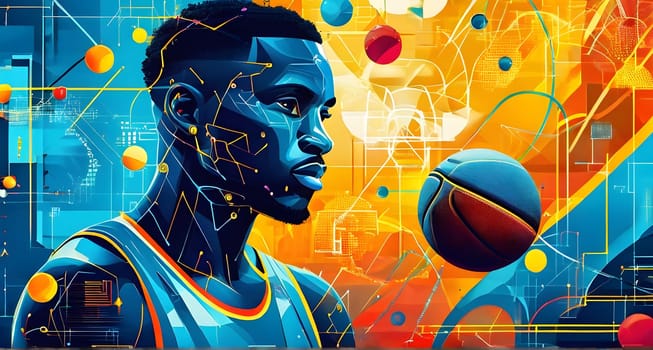 vibrant mix of abstract circuitry intertwined with basketball balls, representing AI role in personalized sports training