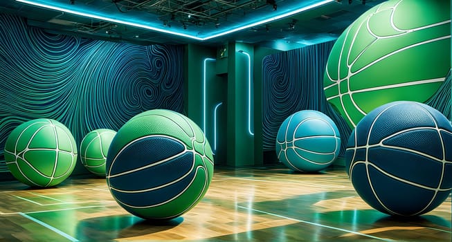 vibrant mix of abstract circuitry intertwined with basketball balls, representing AI role in personalized sports training