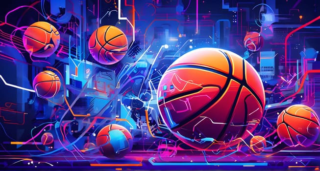 vibrant mix of abstract circuitry intertwined with basketball balls, representing AI role in personalized sports training