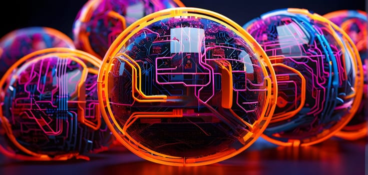 vibrant mix of abstract circuitry intertwined with basketball balls, representing AI role in personalized sports training