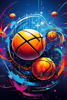 vibrant mix of abstract circuitry intertwined with basketball balls, representing AI role in personalized sports training