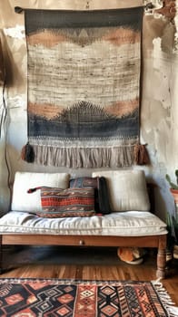 A cozy bohemian living room featuring a woven tapestry, cushioned wooden bench, and rustic decor elements.