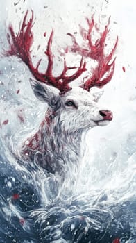 A stunning white stag with striking red antlers emerges from icy waters, surrounded by a flurry of snowflakes in a magical winter setting.