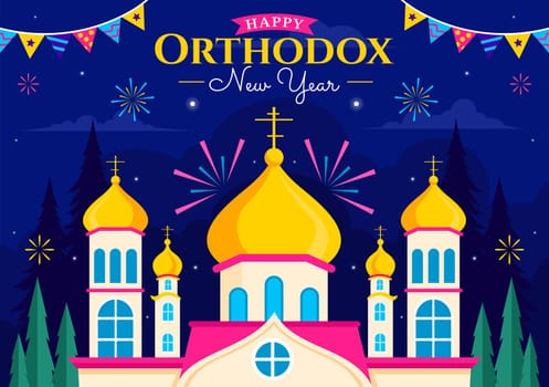 Happy Orthodox New Year Vector Illustration Celebrated on January 14, Featuring a Church and Fireworks in a Flat Cartoon Style Background