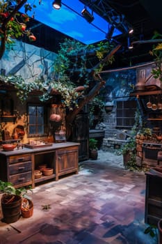 Rustic indoor kitchen with wooden cabinets, stone walls, lush greenery, and warm lighting creating a cozy atmosphere.