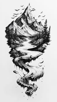Detailed monochrome illustration of a mountain scene with a winding river and birds in flight, capturing nature's beauty.