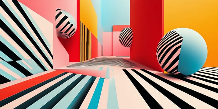 Colorful abstract geometric interior featuring bold stripes and spheres in dynamic red, blue, and yellow hues.