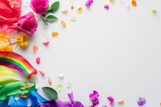Colorful pride-themed image featuring rainbow colors and rose petals, symbolizing LGBTQ pride, love, and diversity.