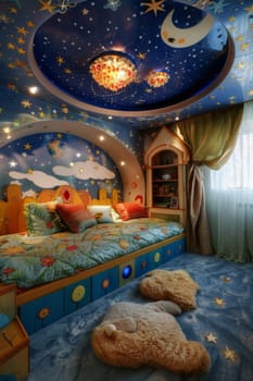 Children's room with creative and artistic elements.