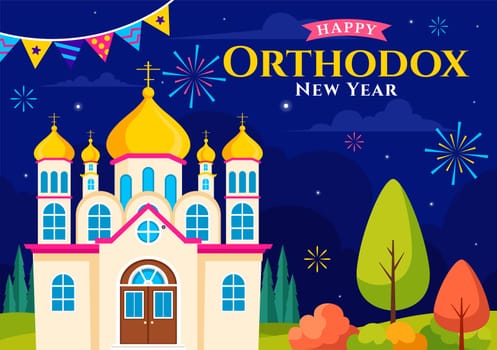 Happy Orthodox New Year Vector Illustration Celebrated on January 14, Featuring a Church and Fireworks in a Flat Cartoon Style Background