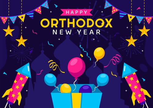 Happy Orthodox New Year Vector Illustration Celebrated on January 14, Featuring a Church and Fireworks in a Flat Cartoon Style Background